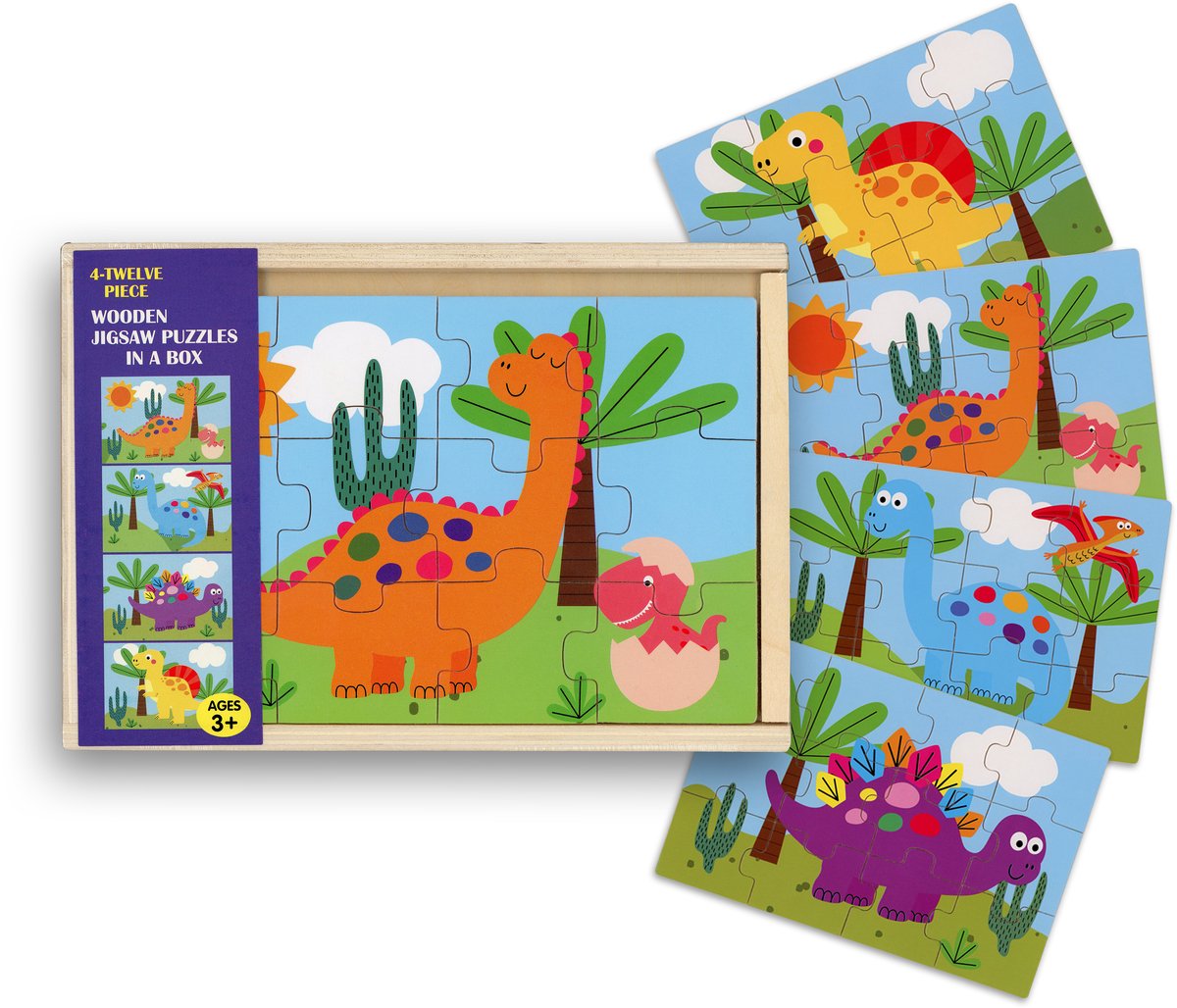 Houten Dinosaurus Puzzel Set – 4 Puzzels in Meeneem Doosje – Educatief Speelgoed 3+ – Houten Legpuzzels voor Kinderen - Koppelbare puzzels - Mini vloerpuzzel