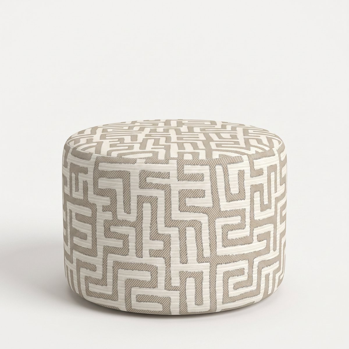 Mörgenn Poef Maze Lin Beige - Ronde Poef en Voetenbank - Jacquard Labyrint - 60x60x50 cm