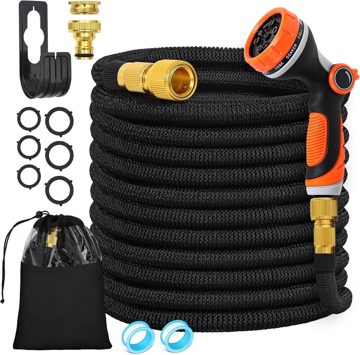 Tuinslang 30 meter - Zwart - 15 m - Flexibele Tuinslang met Messing Adapter - Voor Tuin en Buitengebruik