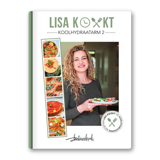 Couverture de 'Lisa Kookt Koolhydraatarm 2' avec une femme et des plats.