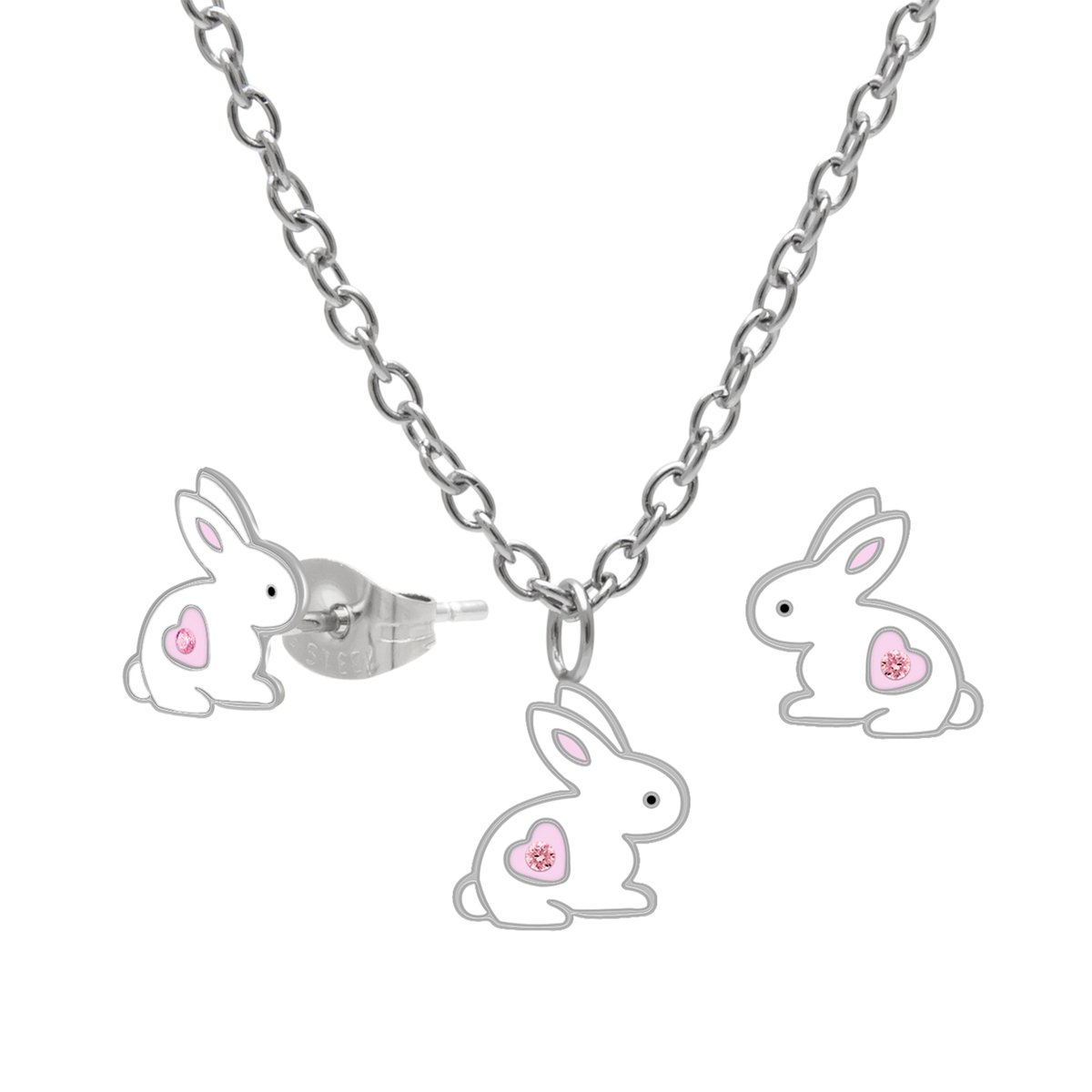 Meisjes Sieradenset Konijn – Ketting en Oorstekers – 316L Chirurgisch Staal – Roze Hartje met Kristal