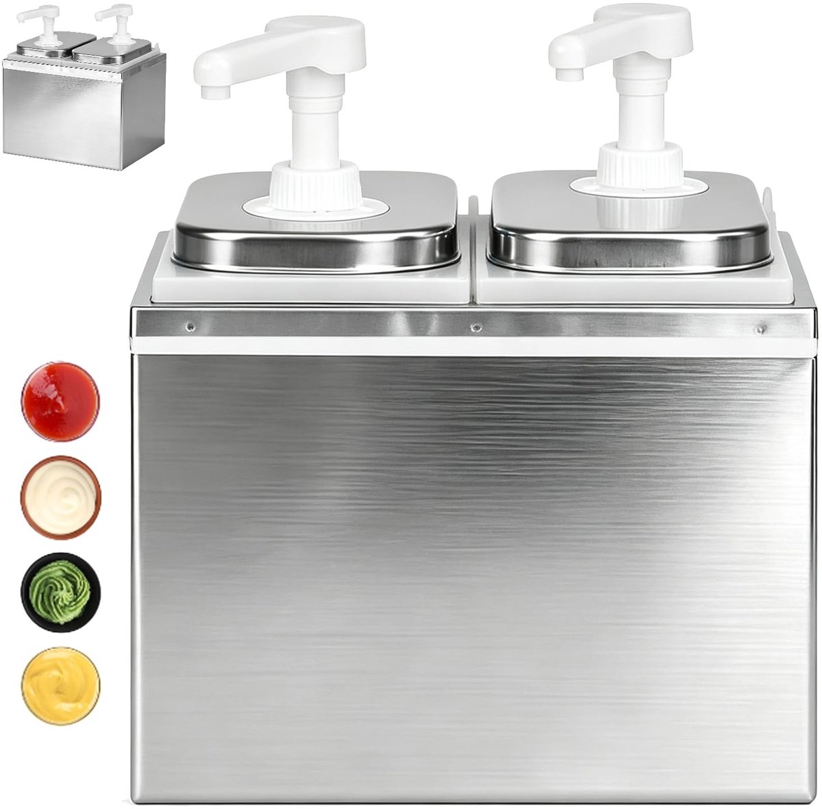 Ketchup en sausdispenser met 2 pompkoppen van roestvrij staal, 30 ml per pompstoot, ideaal voor mayo, honing en andere sauzen, perfect voor horeca en thuisgebruik