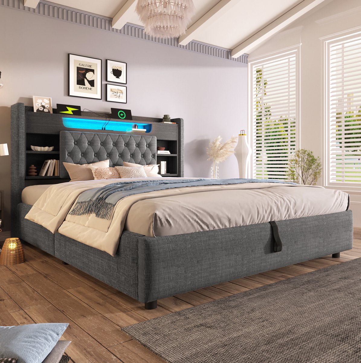 Wishdor Gestoffeerd bed met opbergruimte en ledverlichting - Bedframe met usb- en usb-c-aansluiting - Grijs - 140x190 cm