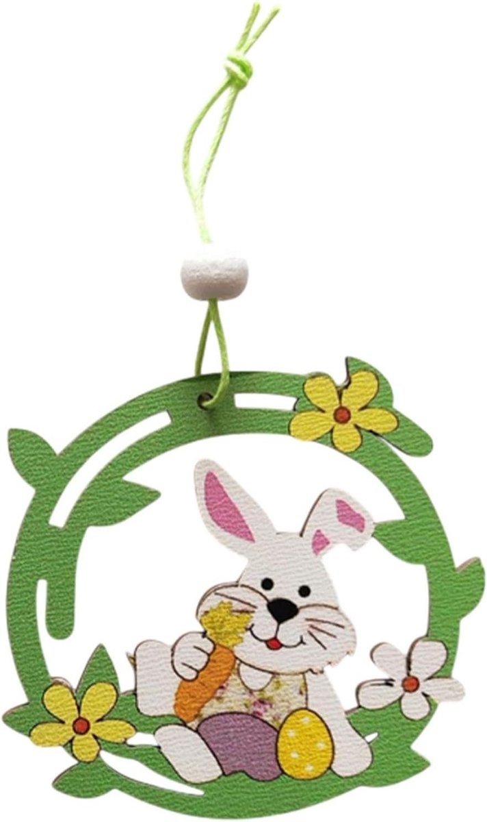 Houten konijn ornament - Paashaas hanger - Paasdecoratie - Met touw - 9.5 x 1 x 9.5 cm - Geel