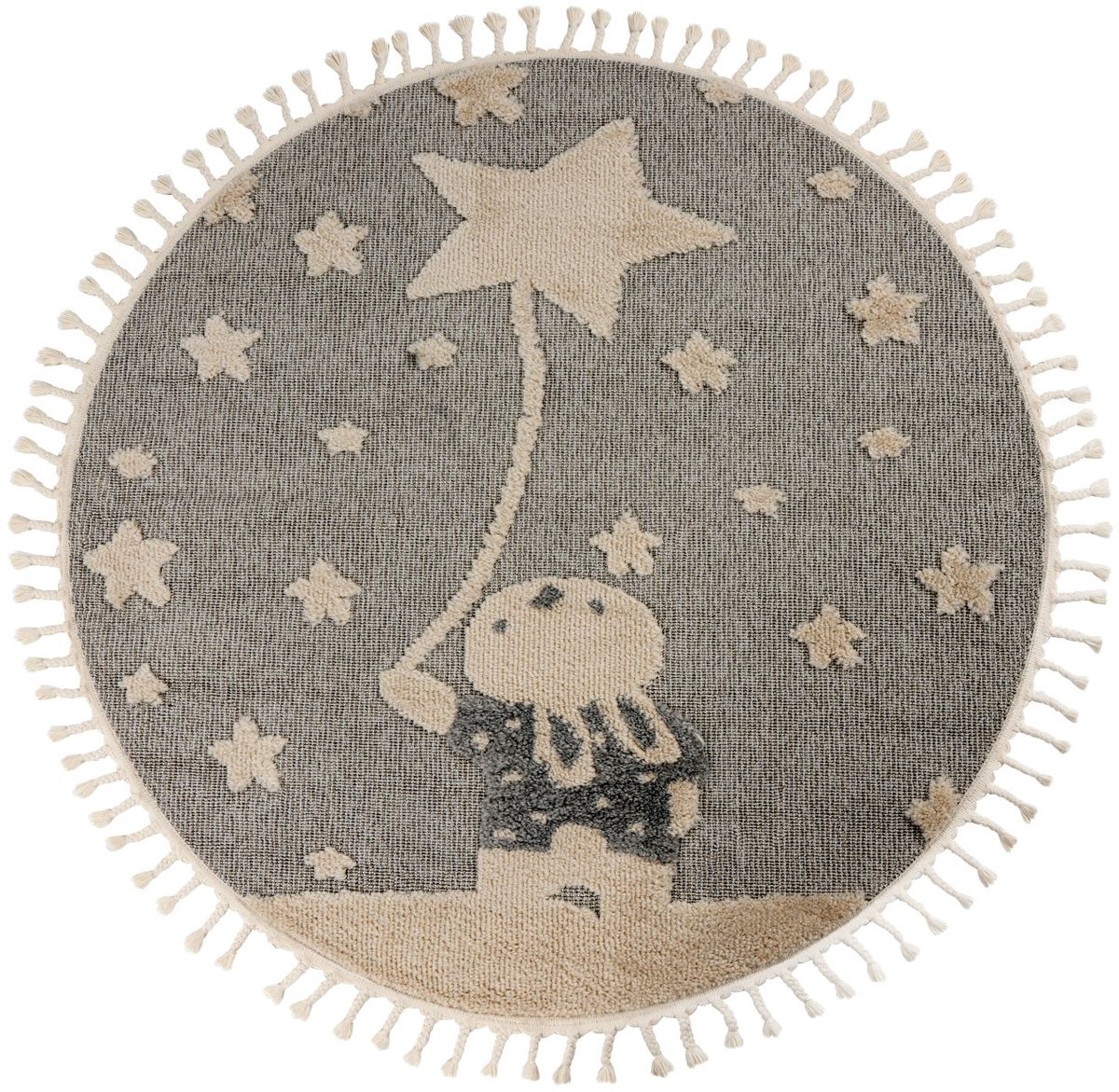 Padiro rond kindervloerkleed Ø 133 cm - grijs - speels kindermotief - met konijn- en sterrenmotief - van polypropyleen frisee