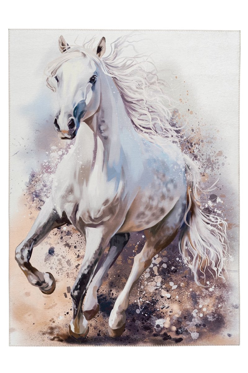 Padiro laagpolig vloerkleed 80 x 120 cm - wit - decoratieve dierenvorm - met paardenmotief - geschikt voor vloerverwarming - van polyester chenille