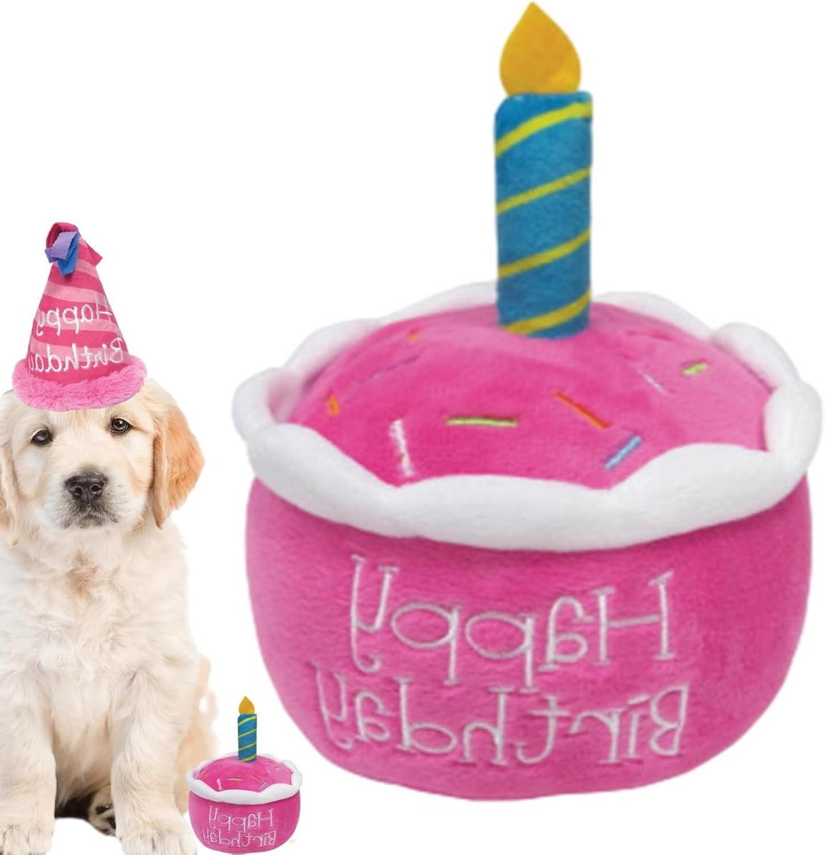 Hondentaart Speelgoed - Pluche Taart Honden Verjaardag - Feestelijke Viering - Met Piepfunctie - 12 cm - Roze