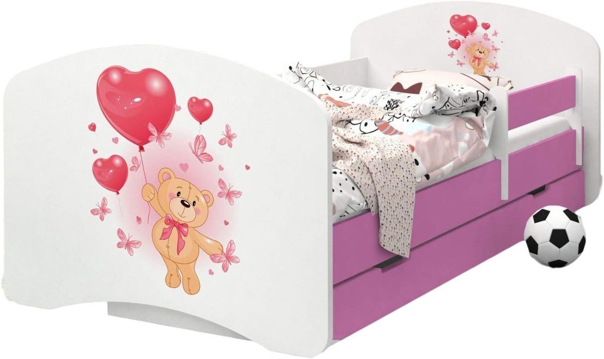 Kinderbed met Lade - Peuterbed Babybed - Veilig Slapen - Dubbelzijdig Monteerbaar - 160x80 cm - Beer met Ballonnen
