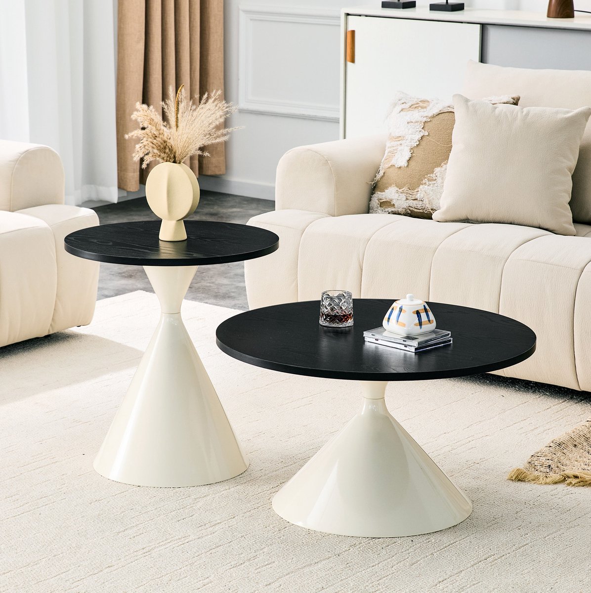 Wishdor Set van 2 ronde salontafels - Nestbaar - Modern - Zwart en crème - Melamine houtlook - Ø70 en Ø50 cm