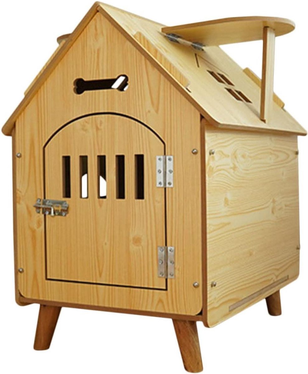 Houten Hondenhok - Huisdierenverblijf Kattenhok - Bescherming Huisdier - Unieke Botvorm - 52x51x40 cm - Houtkleur