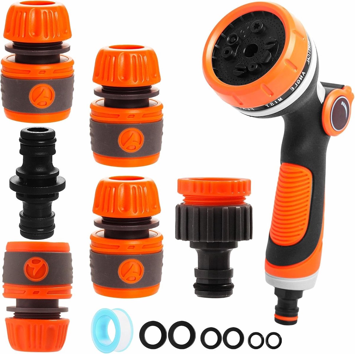 Tuinslangspuitpistool - Grijs Oranje - 7 Stuks - Hoogwaardige ABS en TPR - Voor Tuin, Auto en Huisdieren