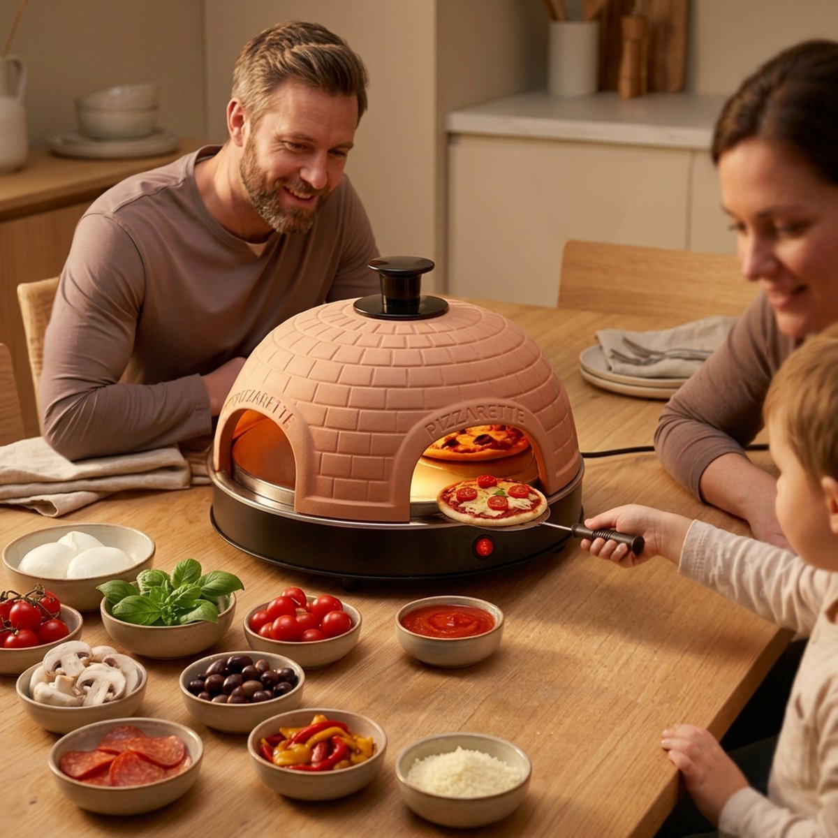 Emerio Pizzarette Origineel - 4 Persoons Pizza Oven - Handgemaakte Terracotta Koepel - 4 Geïsoleerde Bakspatels - RVS Bakplaat - Gourmetstel met Cool touch koepel - PO-115985 900W – foto 6