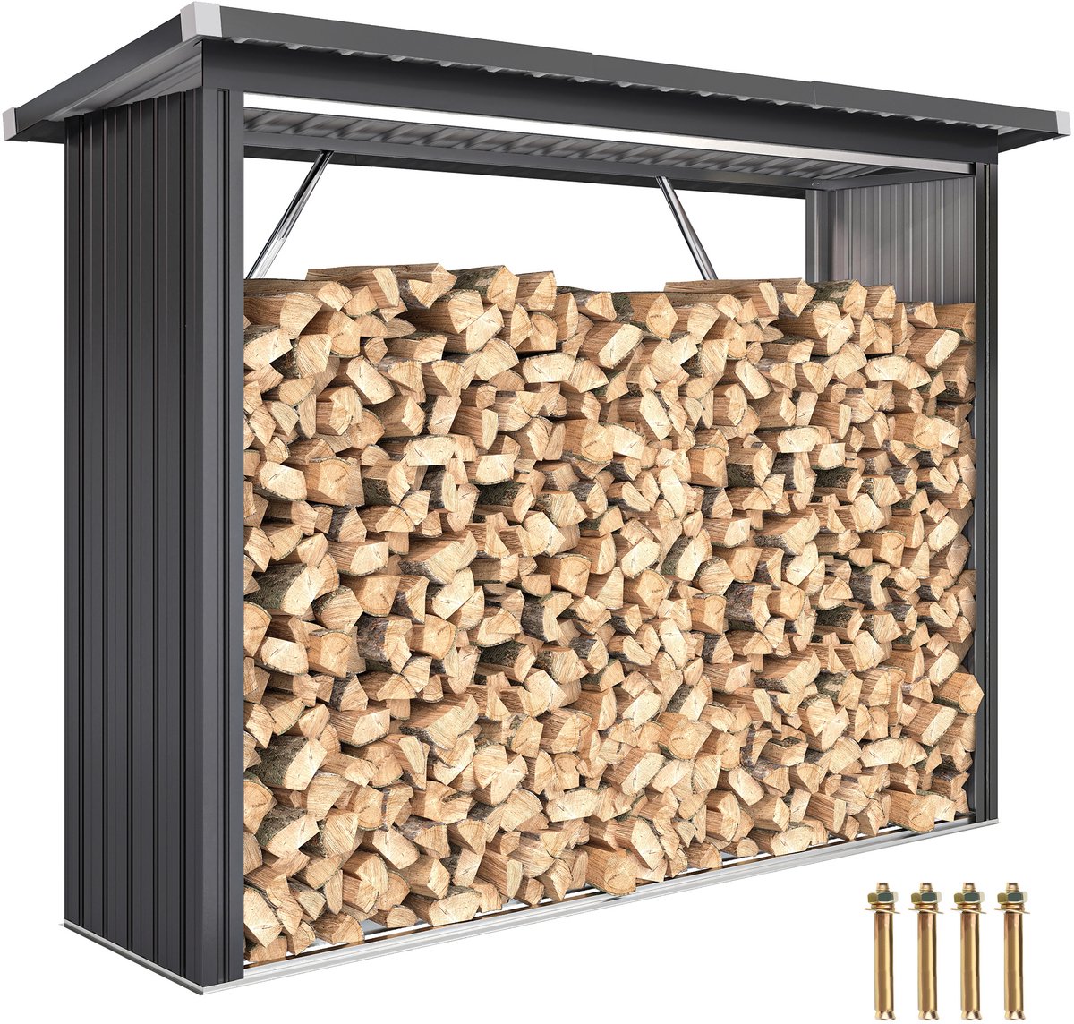 Houten opslagschuur met overkapping — Houtrek — Verhoogde vloer — Schuin dak — Gegalvaniseerd staal — 213 x 66,5 x 150 cm — Grijs