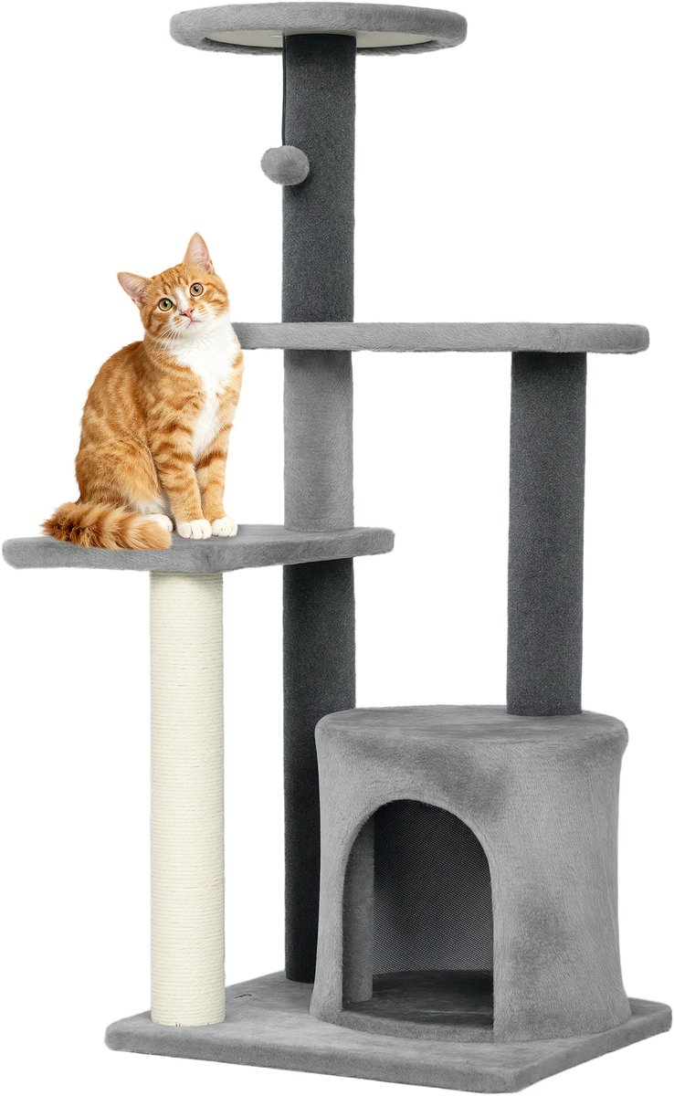 PawHut Kattenboom-Spaanplaat, Pluche-45L x 40B x 103H cm-Grijs