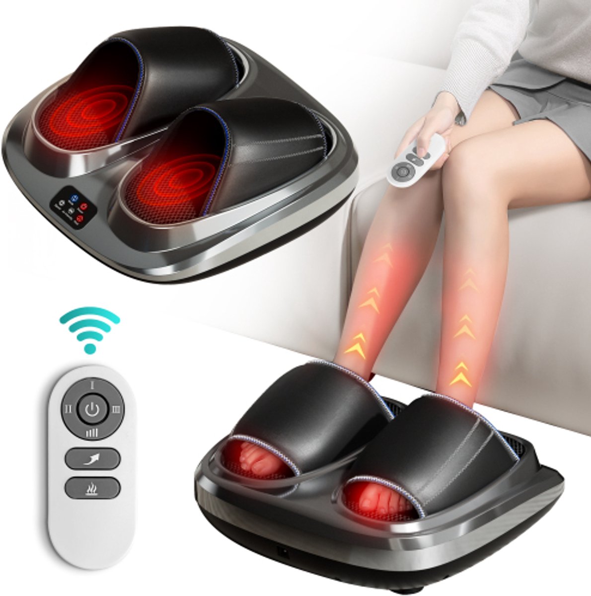 24W voetmassageapparaat met 3 intensiteitsniveaus, verwarming, vibratie en luchtdrukmassage, afneembare en wasbare hoes, oververhittingsbeveiliging en timer van 15 minuten – voor verlichting bij fasciitis plantaris.