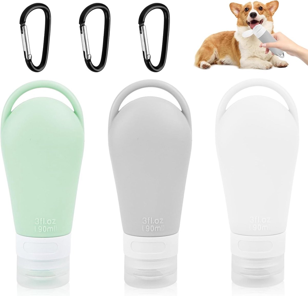 Hondensnoepjes vulbuis, set van 3, silicone reisflessen met karabijnhaak, 90 ml, ideaal voor onderweg