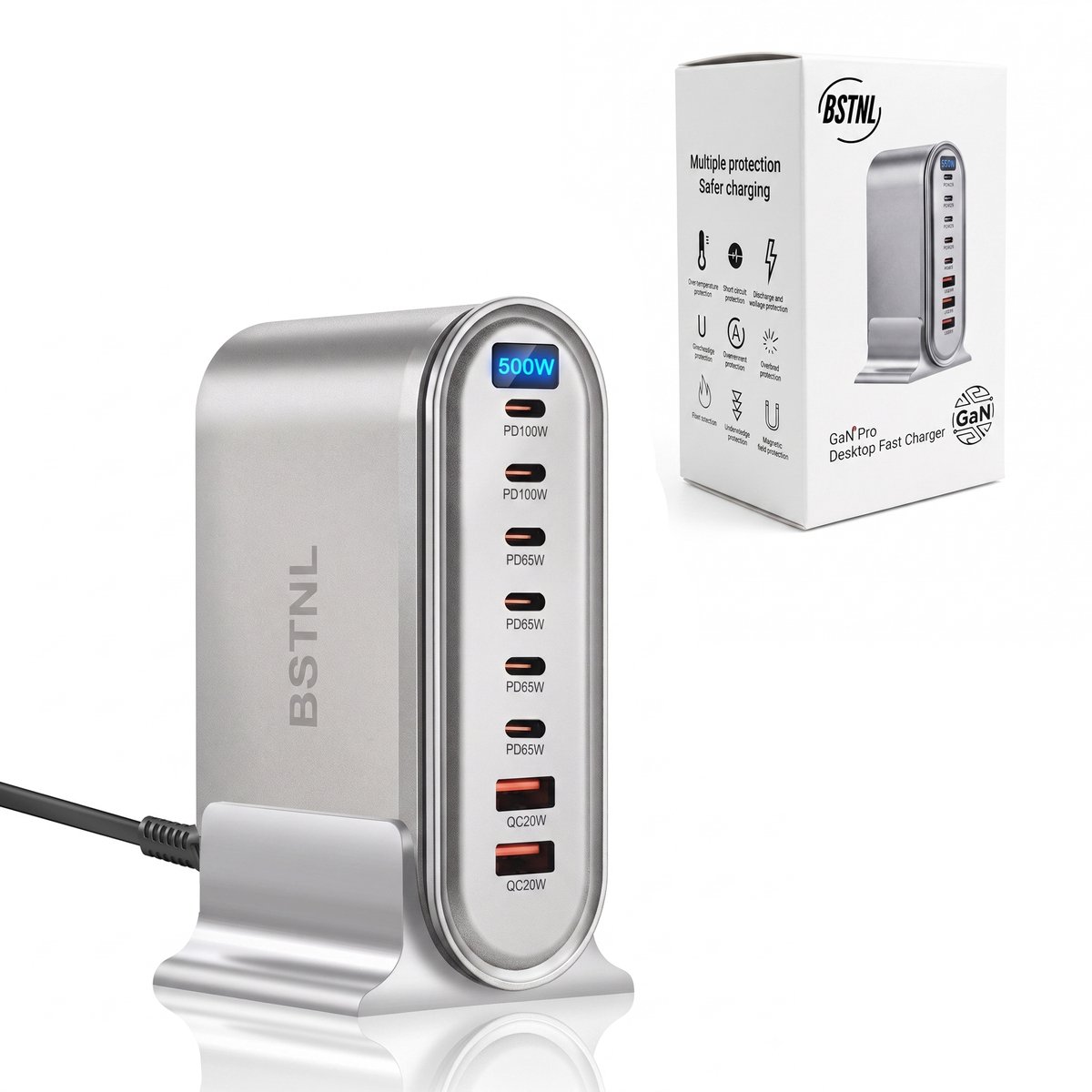 BSTNL 500W 8-Poorts USB Oplaadstation - Oplaadtoren - 6x USB-C PD 100W/65W + 2x USB-A QC 20W - GaN Snellader - Oplader - Voor Laptop, Tablet & Smartphone - Zilver