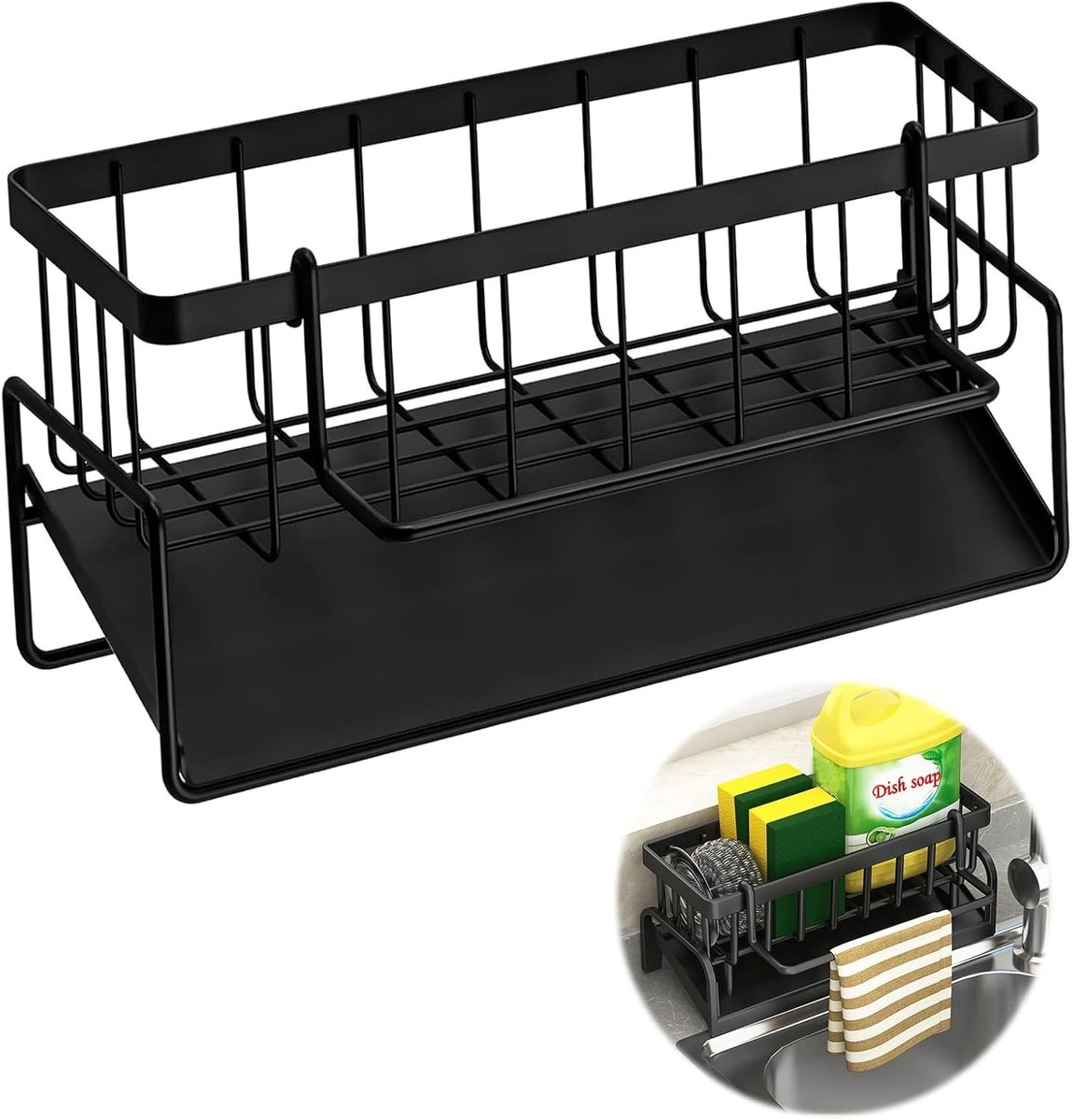 Praktische afwasorganizer met afvoergat en handdoekhouder voor keuken, badkamer en pantry, zwart