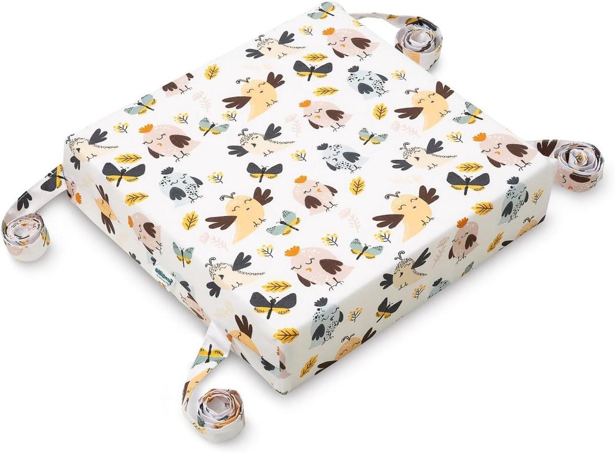 Kinderzitje kussen - Stoelverhoger - Comfortabel eten - Met strikbanden - 32x32x8 cm - Vogels