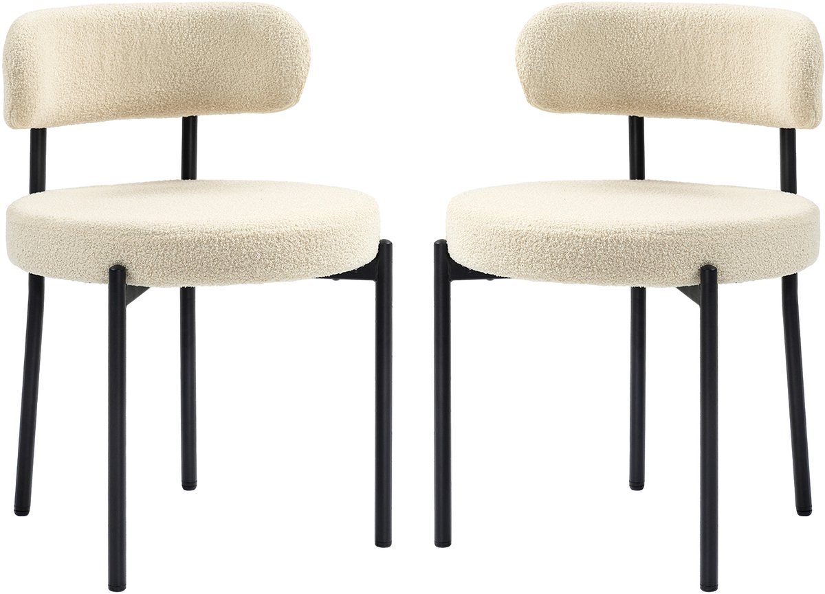 Set van 2 eetkamerstoelen, moderne keukenstoel, woonkamerstoel, met rugleuning bekleed met Berber-fleece, stalen poten in zwart voor de woonkamer, eetkamer en slaapkamer, beige