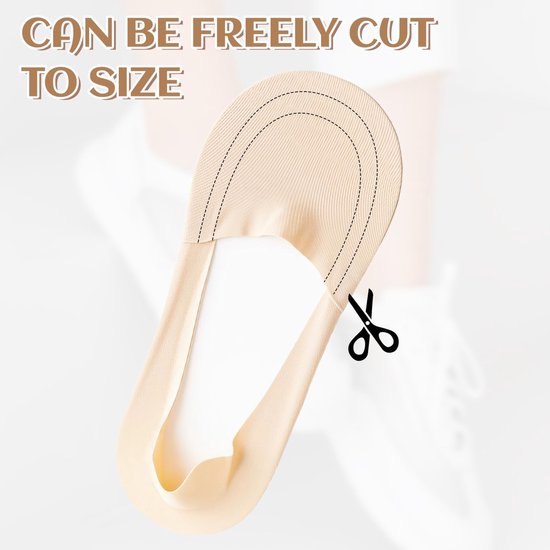 Beige onzichtbare sok met stippellijnen en schaar voor pasvorm aanpassing. Tekst: 'CAN BE FREELY CUT TO SIZE'.