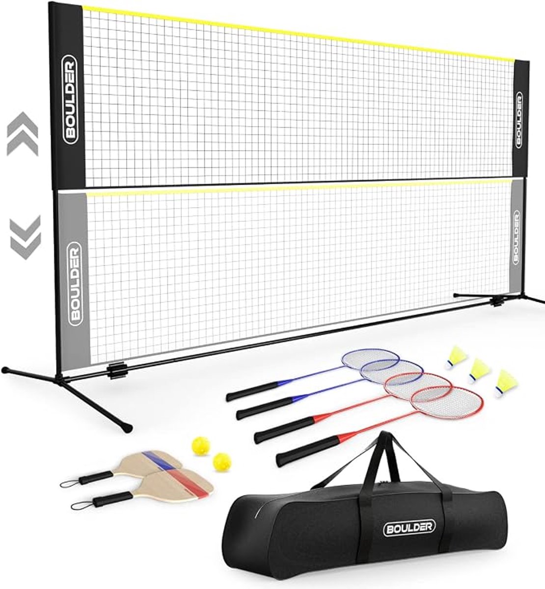 HOERFURIY Badminton set met net 5,1m‑verstelbare hoogte 152cm‑badmintonnet voor badminton, pickleball, voetbaltennis‑complete set met rackets en ballen