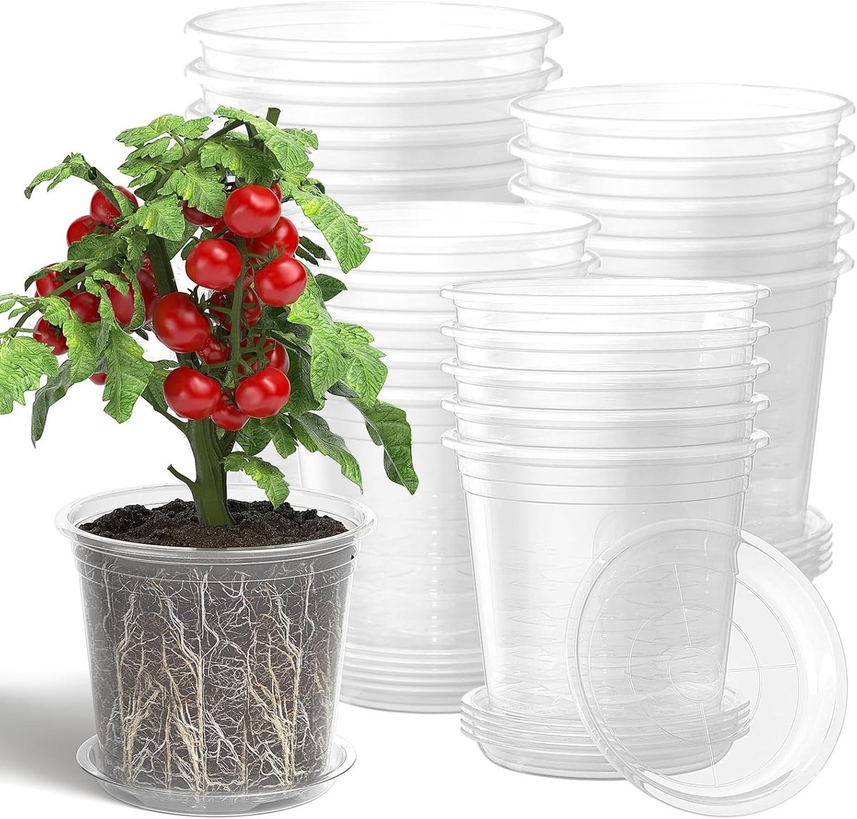 Set van 20 Transparante Groei Potten met Onderzetter, Plastic Plantenpotten met Afvoergaten voor Binnen en Buiten, Perfect voor Tuinieren en Plantenverzorging (10/13/15/18cm)