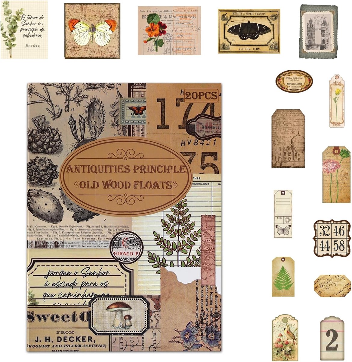 Vintage Kunst Thema Scrapbook Stickers – 20 Vellen met 120 Vooraf Gesneden Stickers – PET Transparant en Papier – Leesthema met Bloemen, Postzegels, Briefpapier en Vlinders – DIY Decoratie voor Journaling en Cadeaus