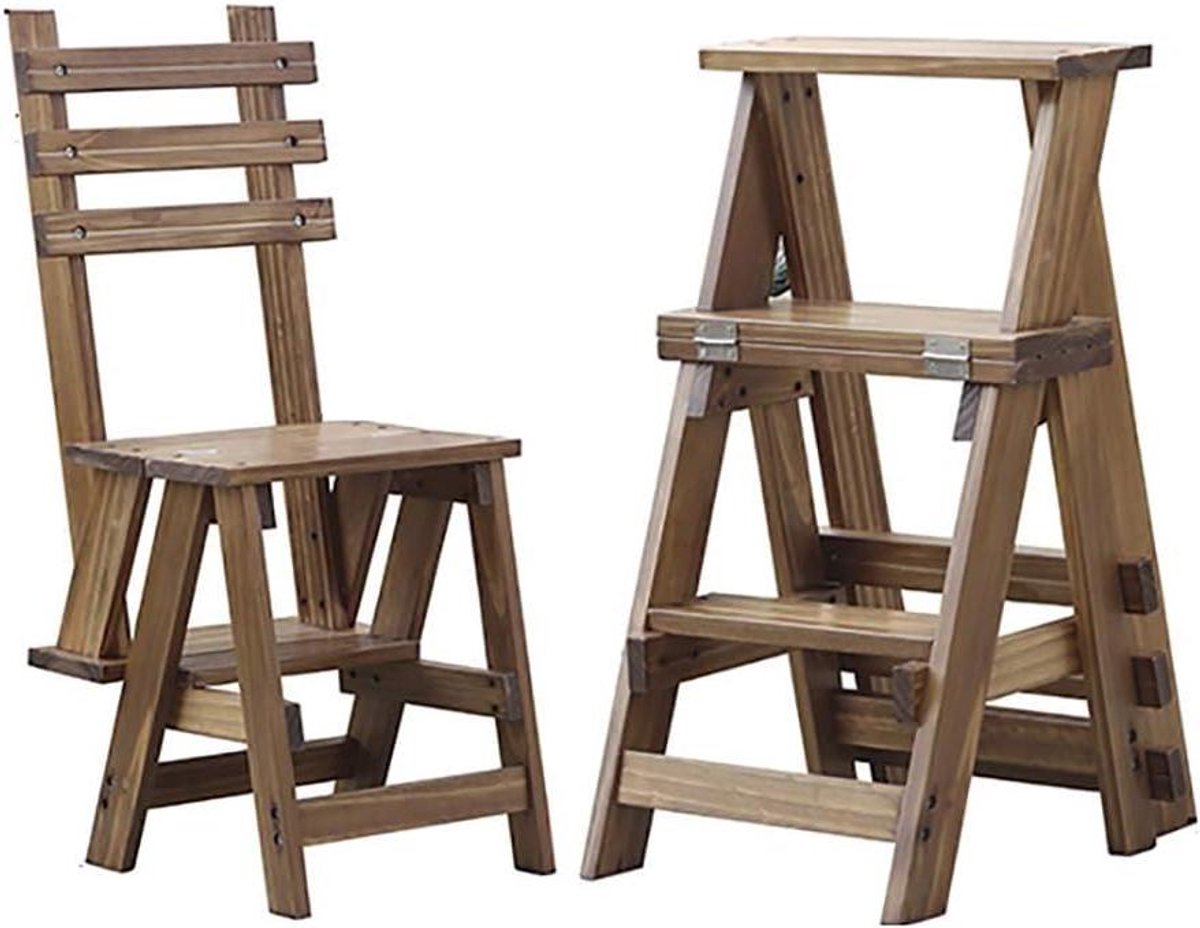 Houten Opstapje - Ladderkruk Opvouwbaar - Veilig Bereiken - Massief Hout - 88.5cm Hoog - Walnoot