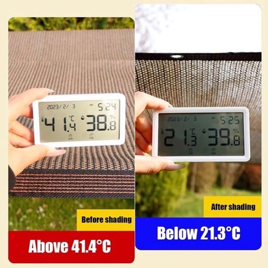 Vergelijking van temperatuurmetingen: 41.4°C voor schaduwdoek, 21.3°C na schaduw.