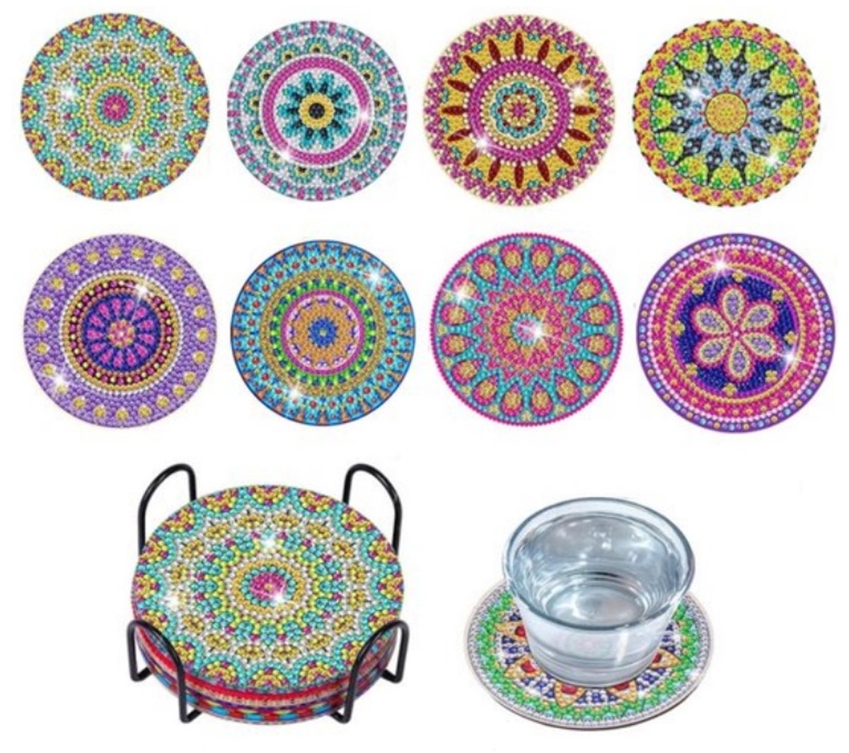 8 stuks DIY diamant schilderij onderzetters set met mandala patroon, handwerk pakket voor volwassenen en kinderen, complete knutselkit inclusief houder, decoratieve onderzetters voor mokken en glazen