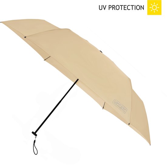 Beige opvouwbare paraplu, deels geopend, met zwarte steel en een opdruk van 'UPF 50+ UV Protection'.