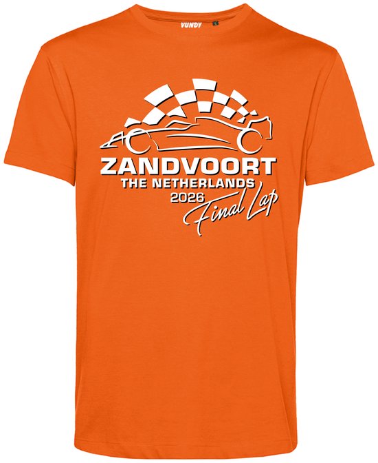 Oranje T-shirt met witte opdruk van een raceauto, start/finishvlag en "ZANDVOORT THE NETHERLANDS 2026 Final Lap".