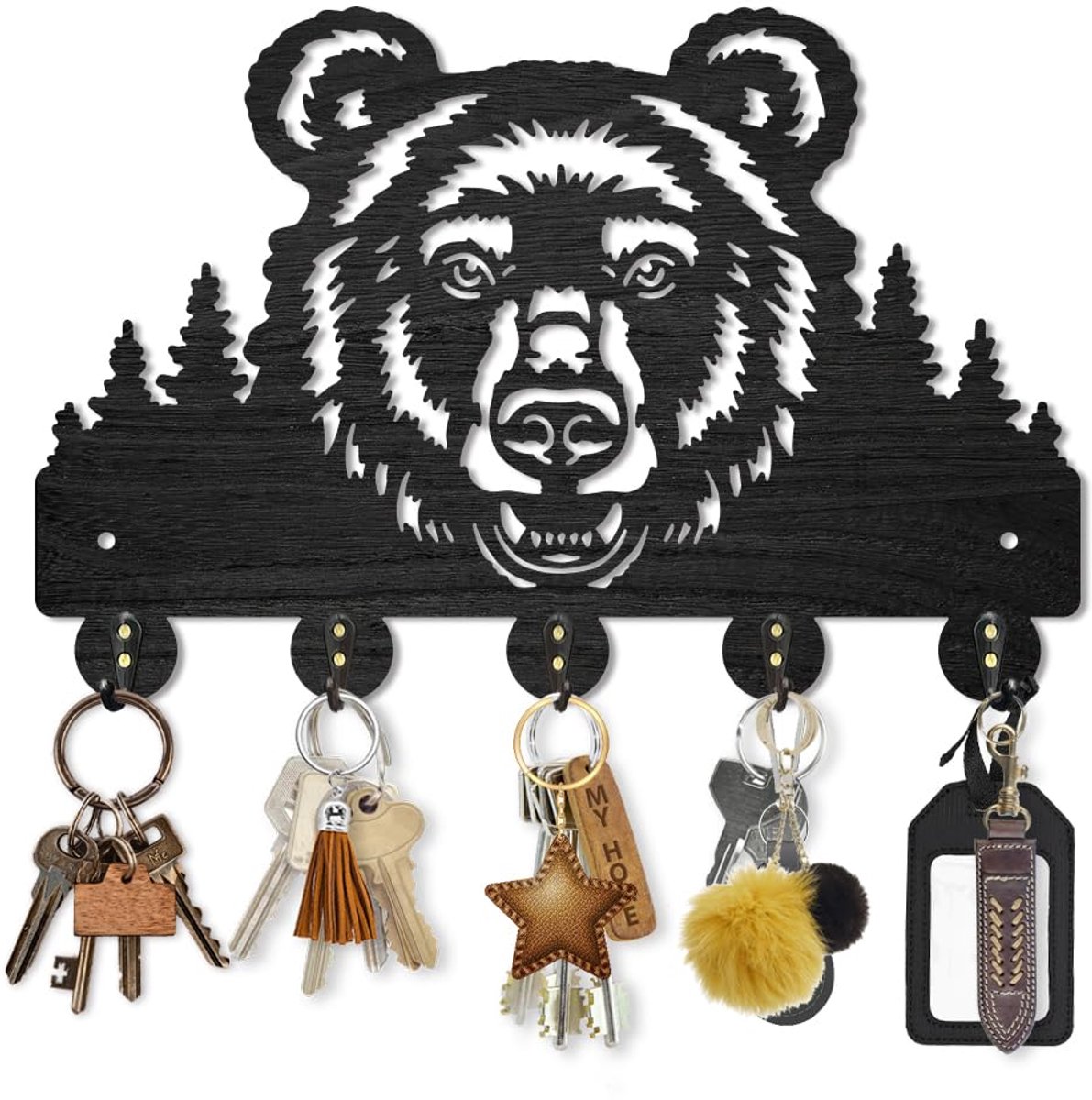 Houten Beren Wandhaak 30x20 cm met 5 Haken voor Sleutels