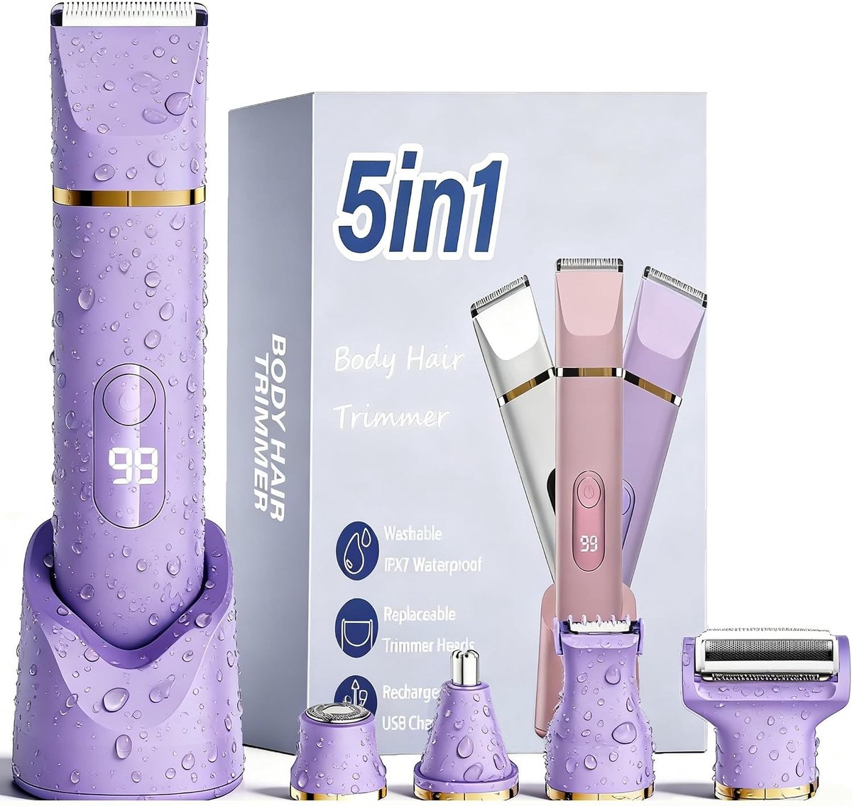 Epilator - Paars - Elektrisch 5-in-1 Scheerapparaat met Waterdichte Trimmer - Voor Dames en Gevoelige Zones