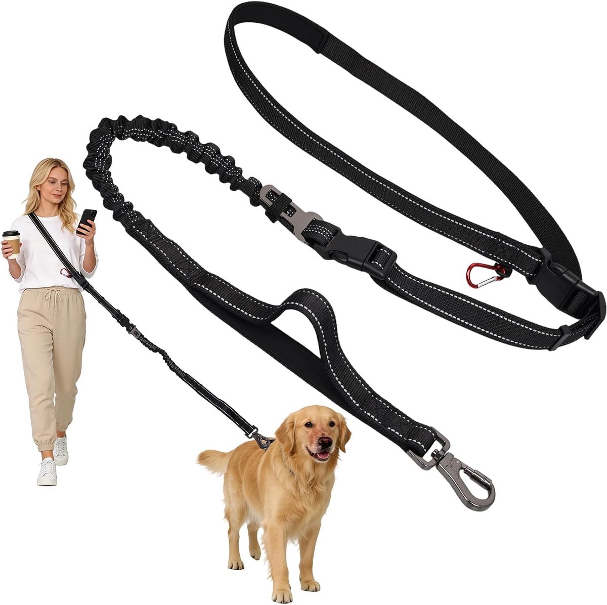 Verstelbare handsfree hondenriem voor schouder en lichaam (1.40 - 1.95 m) met comfortabele dubbele handvatten en veilige karabijnhaak – ideaal voor middelgrote en grote honden, perfect voor wandelen en joggen
