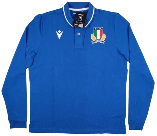 Koningblauw Macron rugby shirt met lange mouwen, witte kraag, Italiaans wapenschild en 'ITALIA' tekst.