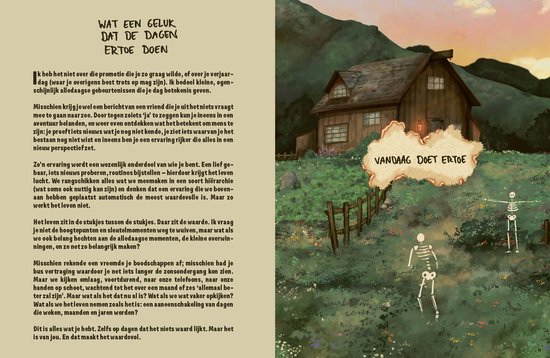 Illustratie met tekst 'Vandaag doet ertoe'. Twee skeletten staan in een veld met bloemen bij een klein huisje.