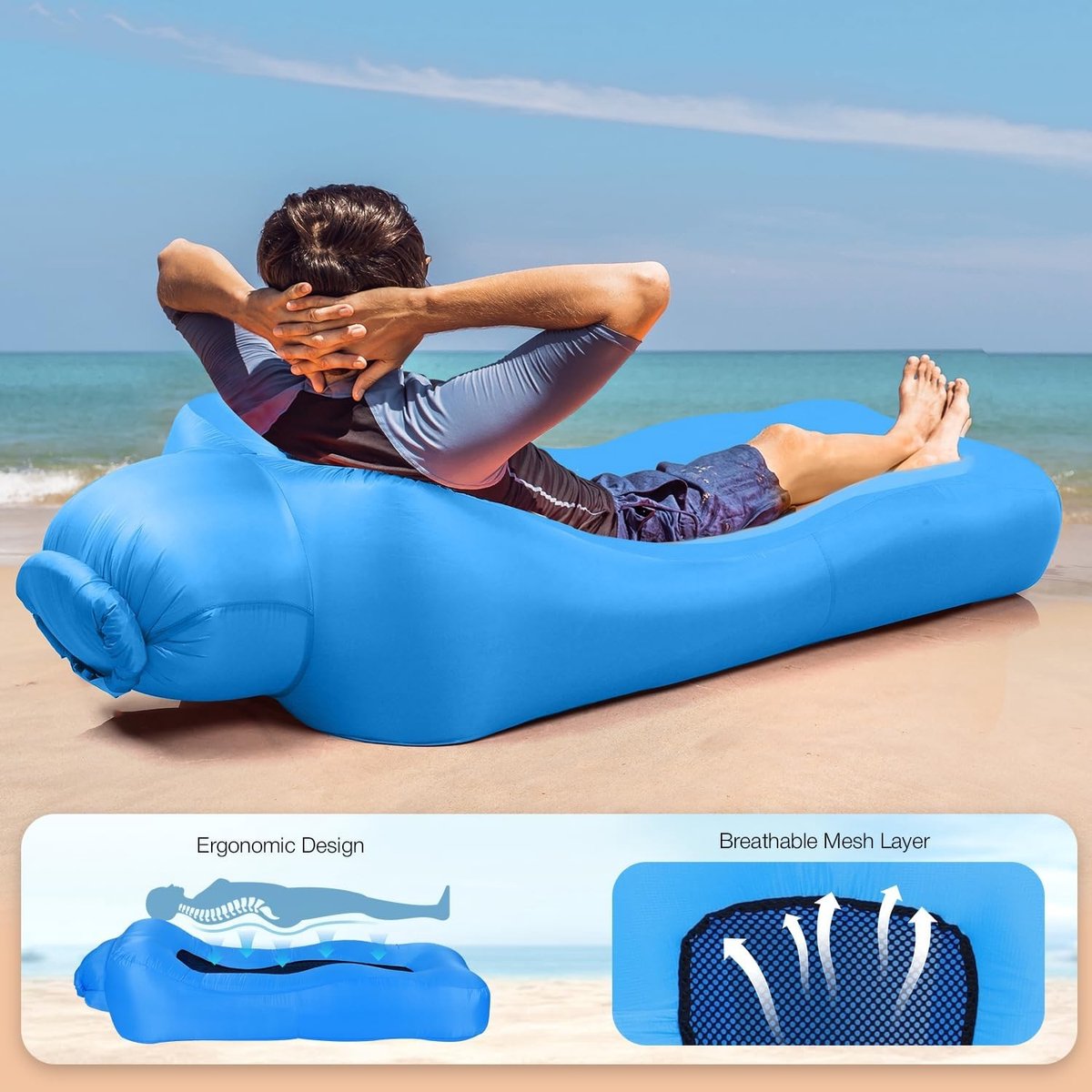 Strandmat met rugleuning - Blauw - 190 x 80 x 55 cm - Opblaasbare waterdichte ligstoel met mesh rug - Voor camping en zwembad
