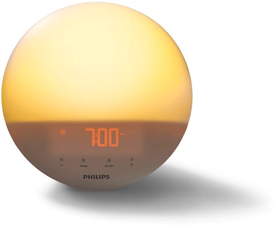 Witte Philips wekker met verlichting in oranje tinten en digitale tijdsaanduiding 7:00.