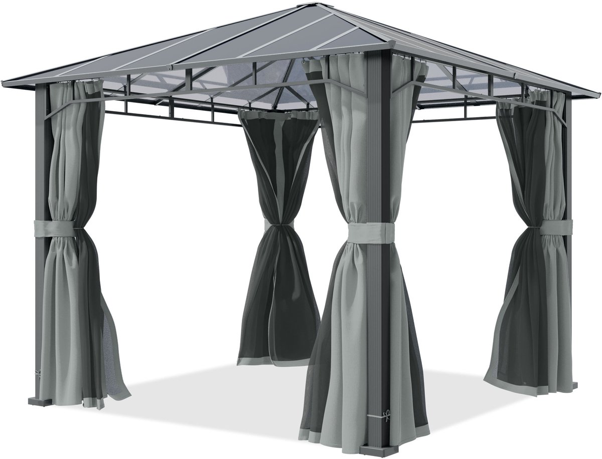 TOOLPORT Tuinpaviljoen 3x3 m, aluminium, polycarbonaat dak ca. 8 mm, grijs - met zijwanden en muggennetten