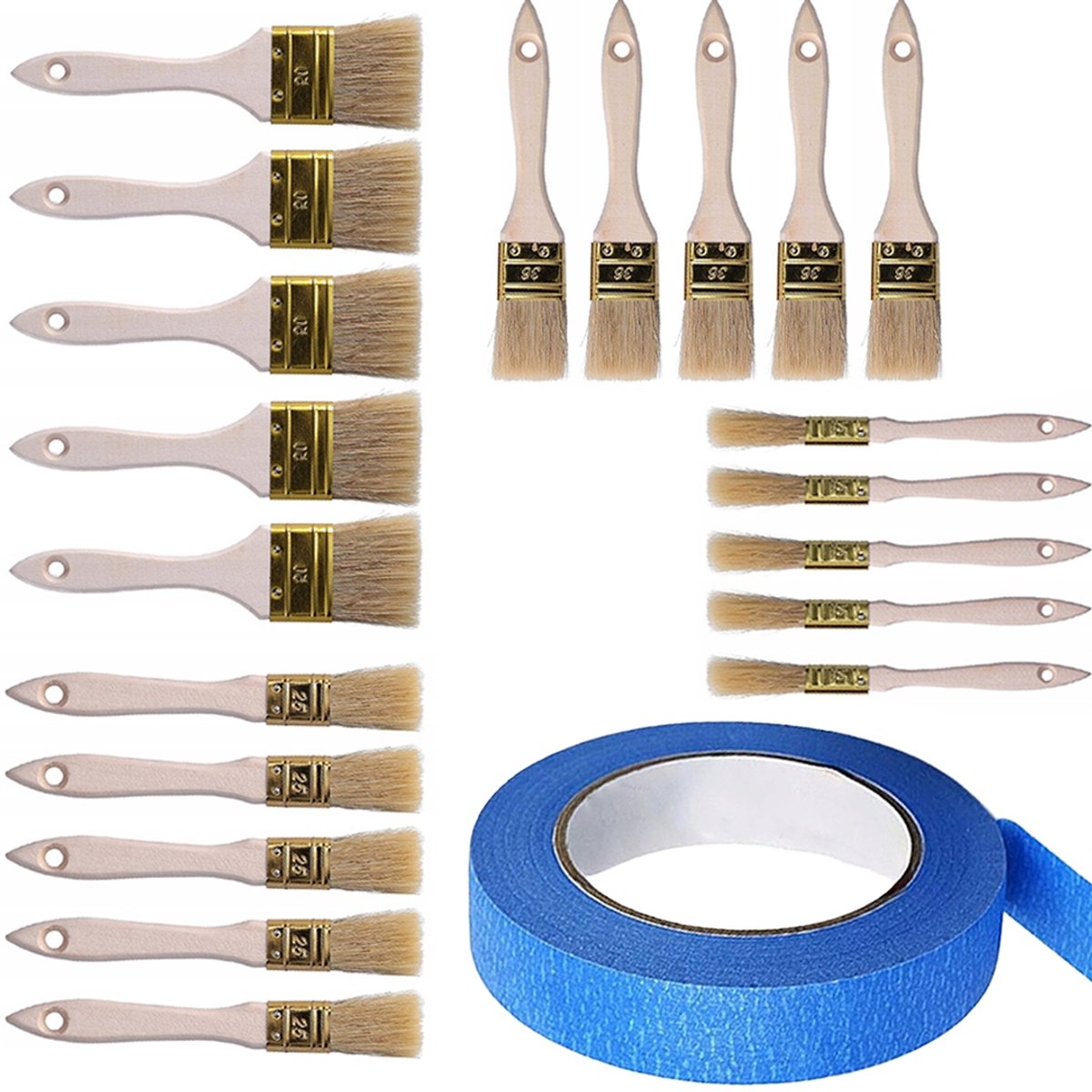 Rosfix Schilder Set - 20 Penselen Natuurlijk Haar en Blauwe Afplaktape 40x50m - 15/25/36/50mm