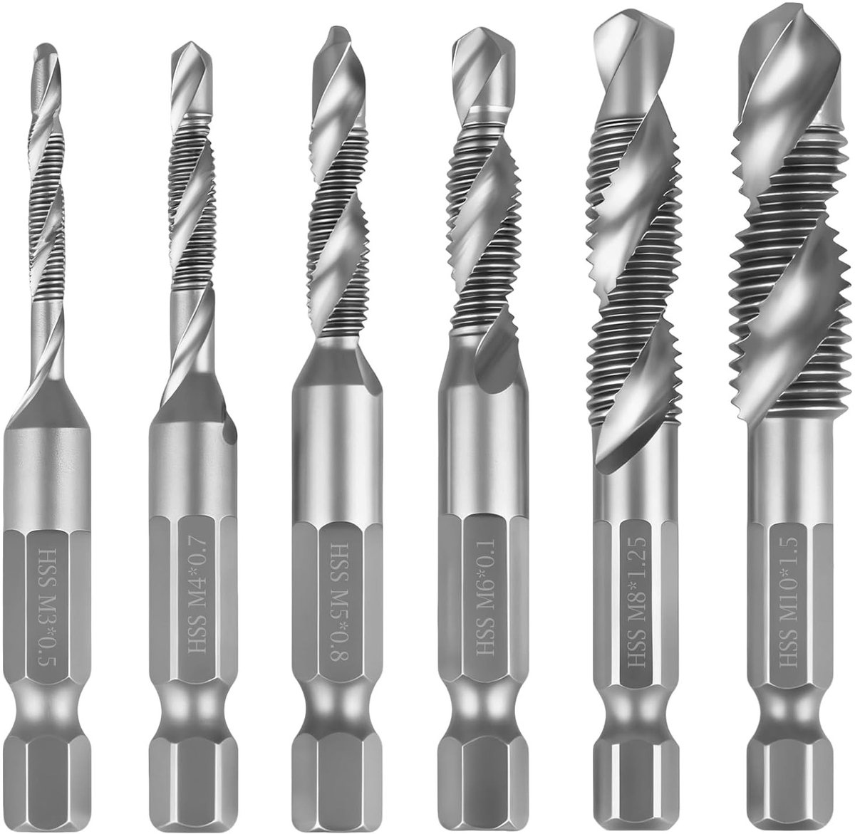 6-delige combinatie boor- en tapset voor M3, M4, M5, M6, M8 en M10 met 6mm zeskant shank, ideaal voor boren en tappen, veelzijdige en roestbestendige gereedschappen