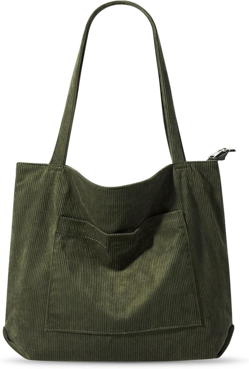 Grote Corduroy Schoudertas voor Vrouwen met Rits en Vakken - Ideaal voor Winkelen en Dagelijks Gebruik, Groen 43 cm breed, 40 cm hoog
