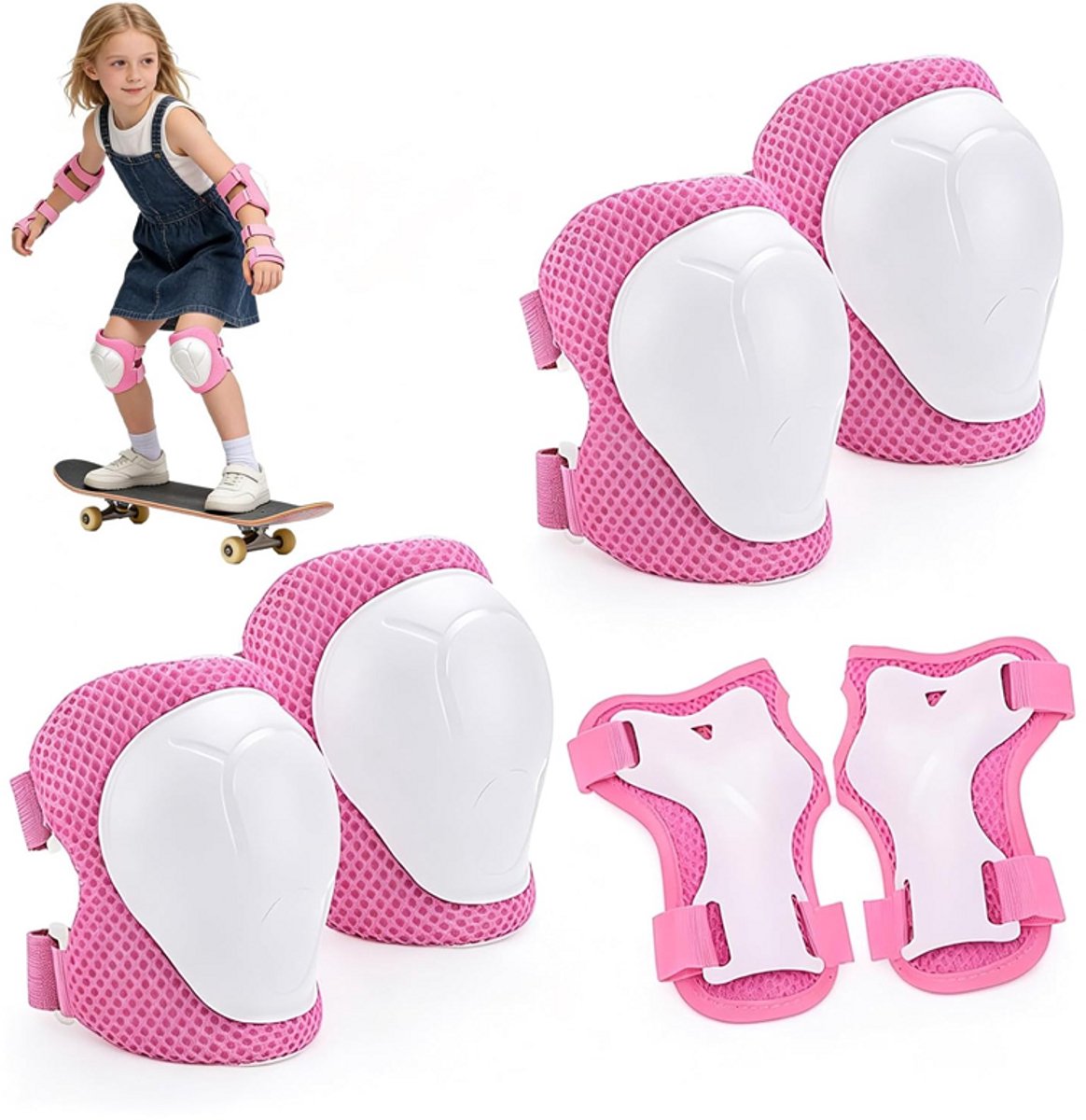 Kinderbeschermingsset - 6-delige set - Beschermingsset - Inclusief kniebeschermers, elleboogbeschermers en polsbeschermers - Verstelbaar - Geschikt voor skateboarden, rolschaatsen, fietsen, steppen en diverse buitensporten - One size fits all - Roze