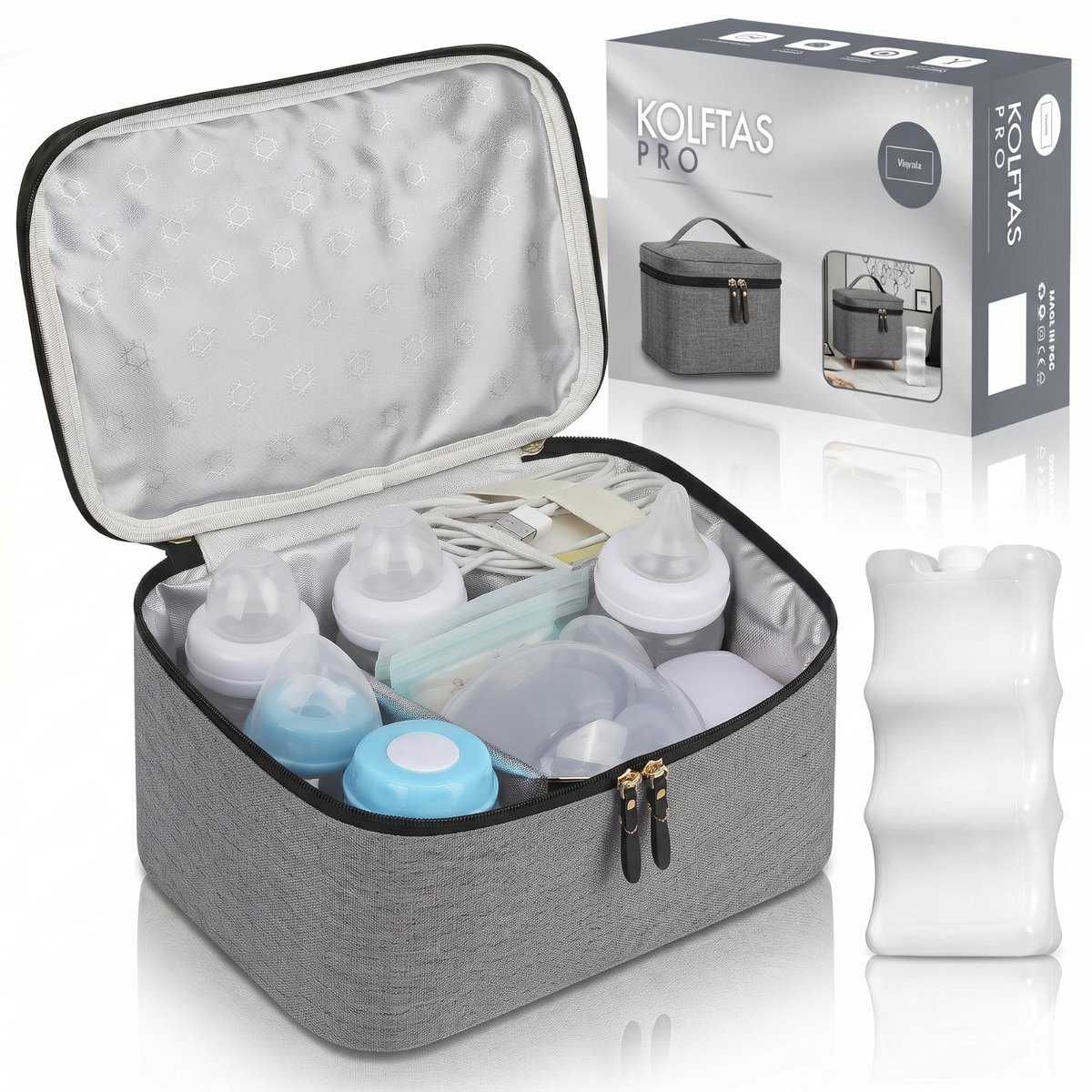 Waxels® Kolftas met Koelelement – Borstvoeding Koeltas – Moedermelk Bewaartas – Waterdichte Thermotas – Baby Fles Organizer – Grijs