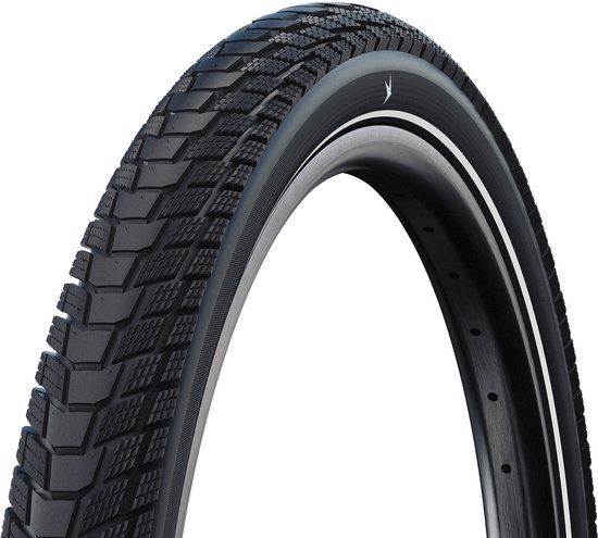 Zwarte fietsband met reflecterende zijkant en een grof profiel. Geschikt voor e-bikes.