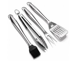HI NATURE™ Barbecue gereedschapset - Premium Multifunctionele BBQ accesoires set 4 Delig - Keukentang - Barbecuetang | Borstel | Spatel | Vork - Vleestang - BBQ Gereedschap | Hittebestendig & Vaatwasserbestendig - Roestvrij Staal (RVS) Zilver/Zwart