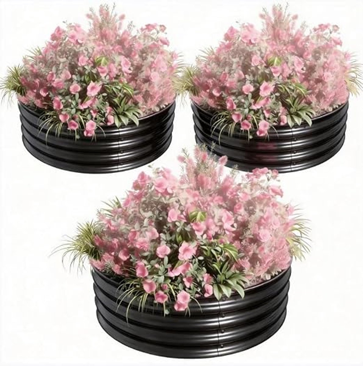 HOERFURIY set van 3 stuks rond gegalvaniseerd stalen plantbed zwart, 2 × 1 FT – metalen verhoogde tuinbak met rubber beschermranden voor groenten, bloemen en kruiden