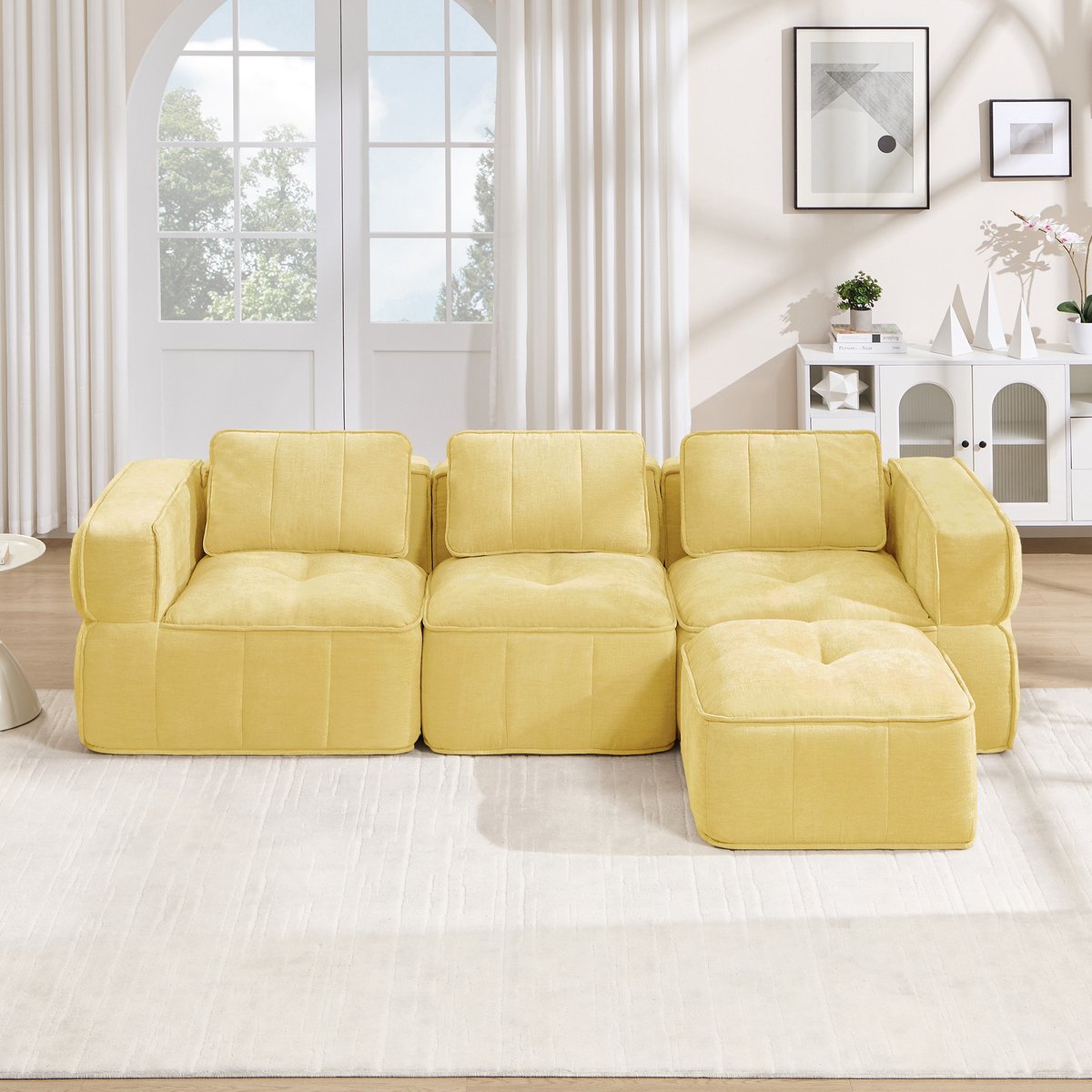Woonkamer Hoekbank, L-Bank, 3-Zits bank, 3-Zits L-Vormige, Frameloze Modulaire Bank Met 1 Poef, Frameloos Ontwerp, 32D Schuim Met Hoge Dichtheid, Diepe Zitkussens, Comfortabele Stof, Ideaal Voor De Woonkamer-Geel